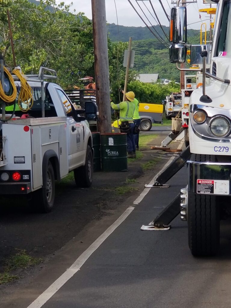 Bucket trucks and a Mana crew working at a utility pole